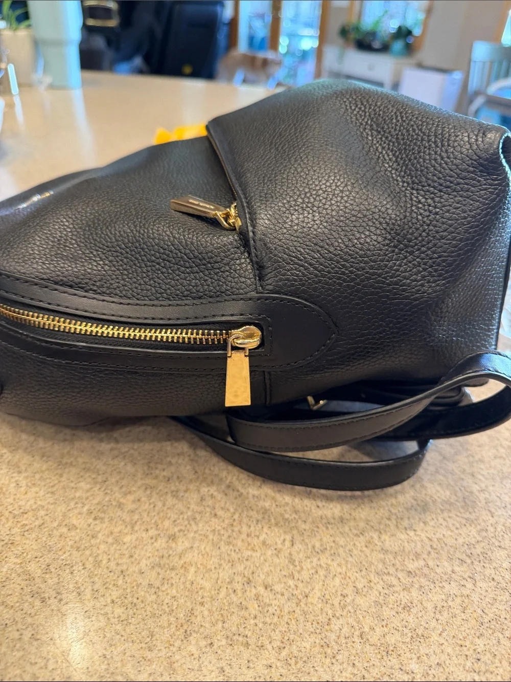 Michael Kors Black Pebbled Leather Backpack with Gold Accents